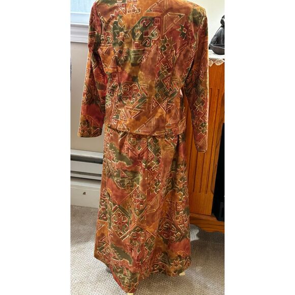 Vtg 80's Orange-Brown, Multi Color Geometric Print 2 Pc Top n Skirt Set Size 14 - Picture 4 of 6